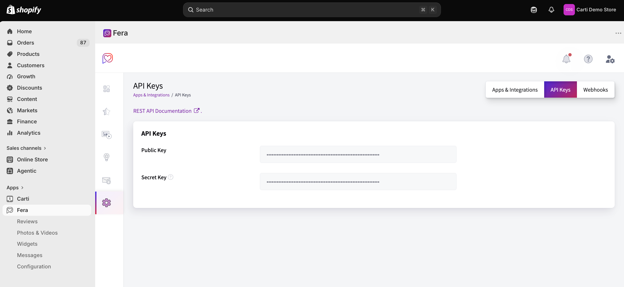 The Fera API Keys tab, showing the Public Key and Secret Key fields