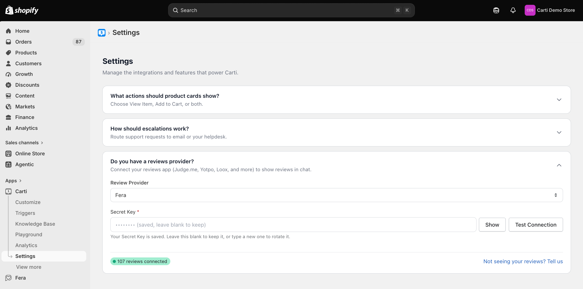 Carti Settings with Fera selected as the review provider and reviews connected